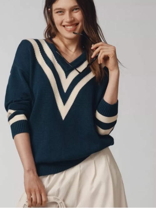 New Kule Navy And Cream Striped V-Neck Sweater Size M